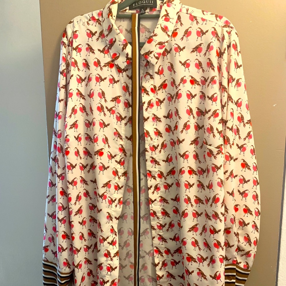 Eloquii bird blouse with skinny tie